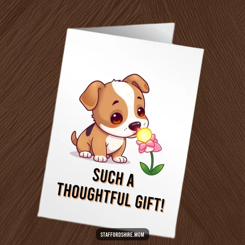Free Printable Thank You Card showing a curious Staffordshire dog sniffing a mysterious, glowing flower, expressing thanks.