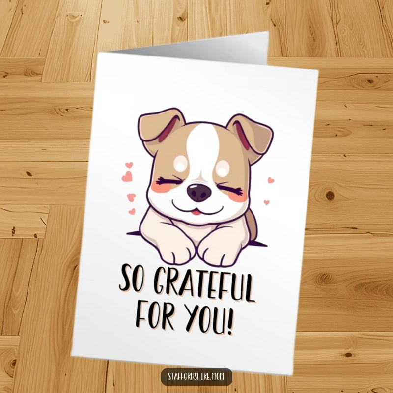 Free Printable Thank You Card featuring a sleepy Staffordshire dog smiling in its sleep, conveying peaceful thanks.