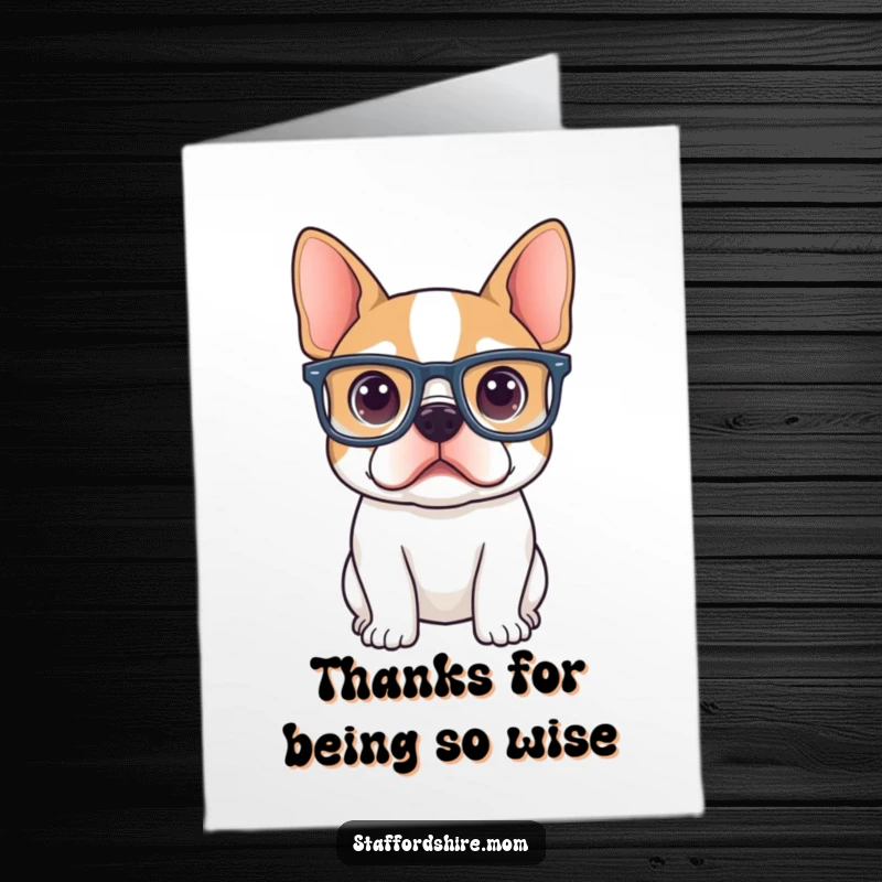 Funny Free Printable Thank You Card: A Staffy wearing oversized glasses looks curiously intelligent, perfect for a thoughtful thank you note.