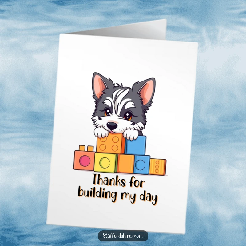 Funny Free Printable Thank You Card: A Staffordshire peeks over colorful building blocks, offering a cute and humorous way to say thanks.