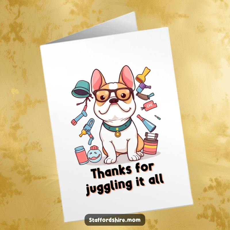 Funny Free Printable Thank You Card: A Staffordshire bull terrier attempting to balance an absurd number of items.