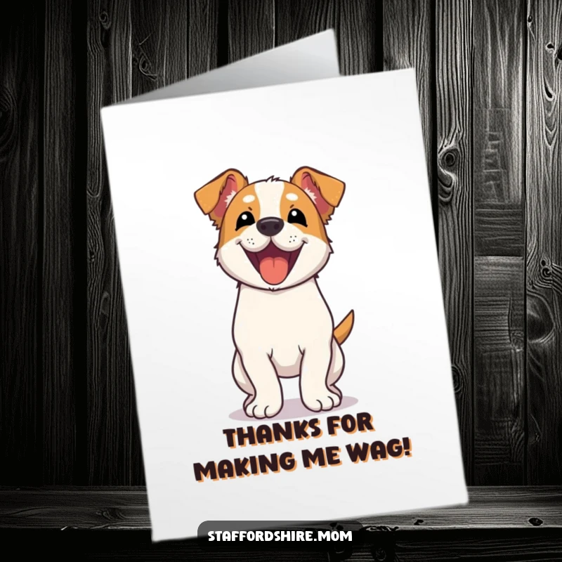 Funny free printable Kawaii Staffordshire dog card, wagging its entire body with genuine warmth to say thank you.