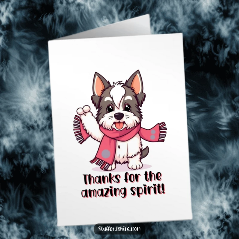 Funny Free Printable Thank You Card: A Staffordshire dog waves a brightly patterned scarf with enthusiasm, expressing thanks.