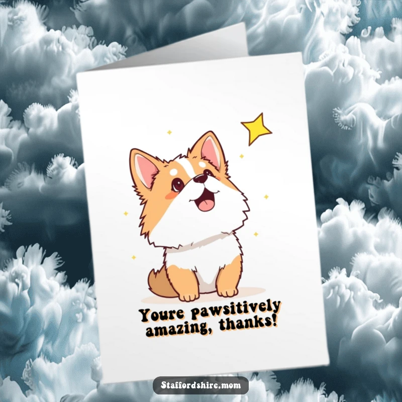 Funny Free Printable Thank You Card: Staffordshire looking up, expressing gratitude with wonder at a shooting star.