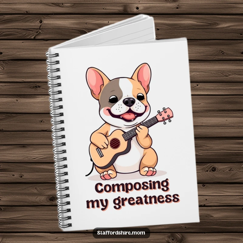 Funny Staffordshire Bull Terrier notebook with a dog playing a miniature instrument, ideal for note-taking with style.