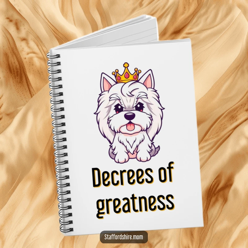 Funny Royal Staffy notebook featuring a dog wearing a crown, perfect for jotting regal thoughts.