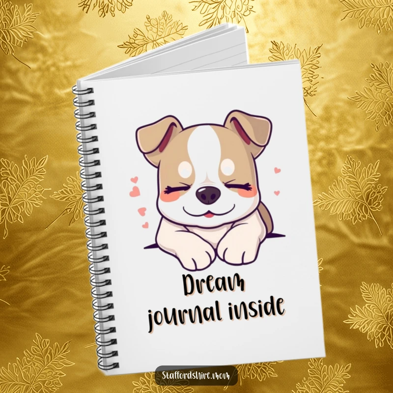 Funny sleepy Staffordshire dog notebook, smiling with closed eyes, peaceful and humorous stationery.