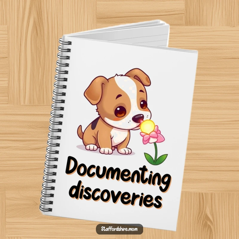 Funny curious Staffordshire dog notebook, sniffing a glowing flower, whimsical stationery for creative minds.