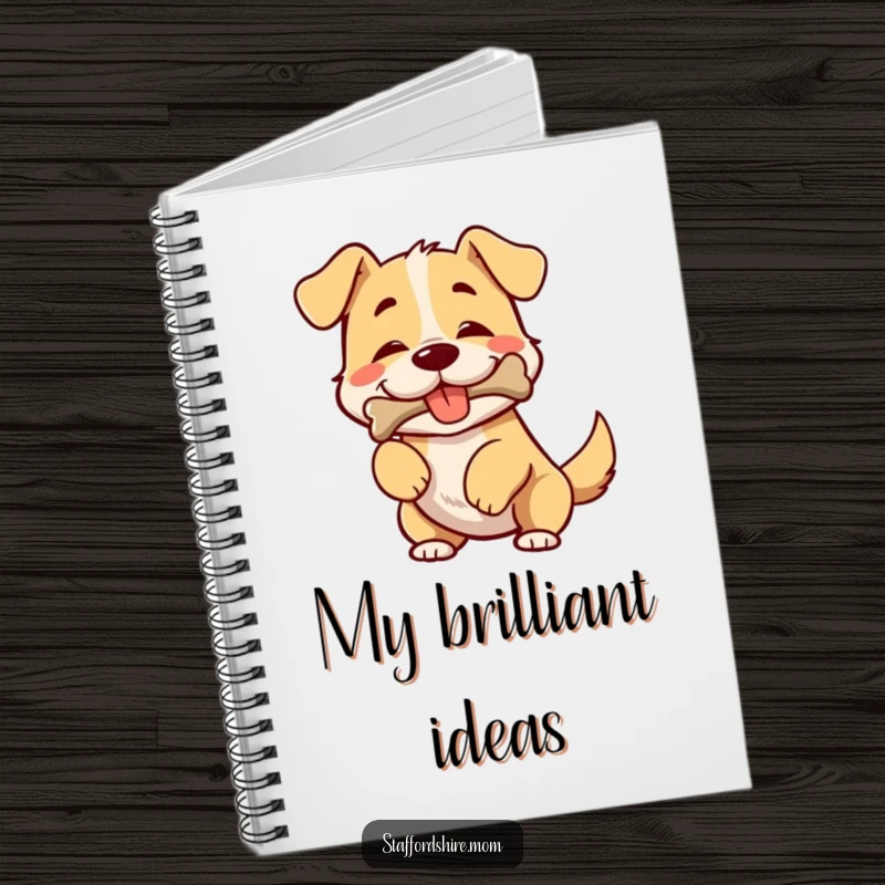 Funny notebook with a broad-chested dog wiggling happily, its mouth full of a prized bone.
