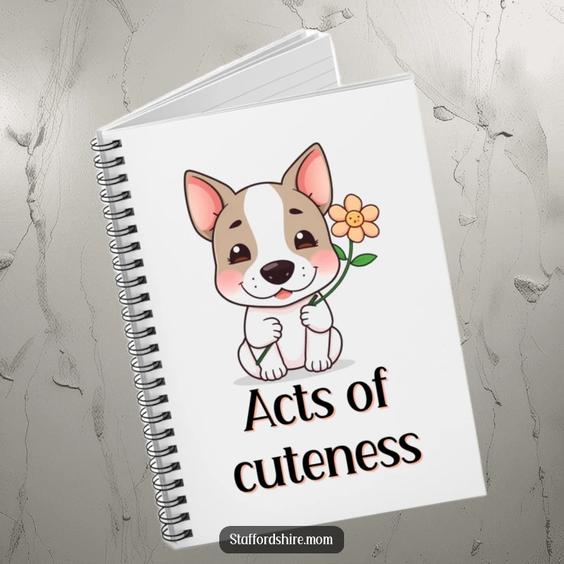 Funny, kawaii Staffordshire terrier offering a flower with a gentle smile, a sweet and humorous design for this notebook.