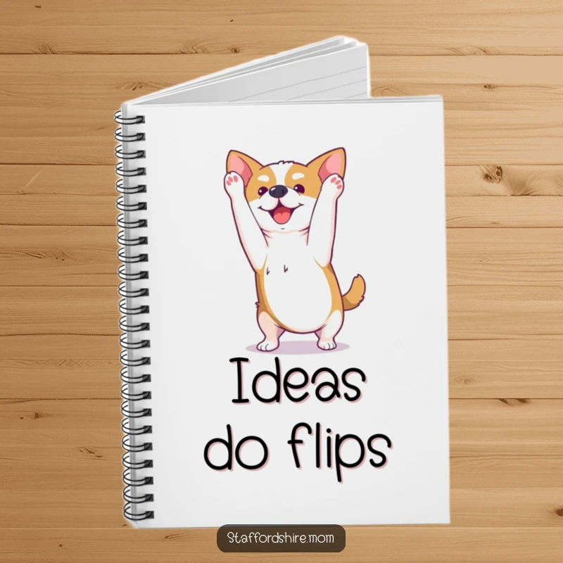 Funny Kawaii Staffordshire dog notebook featuring a happy pup performing a playful somersault, perfect for capturing creative thoughts and ideas.