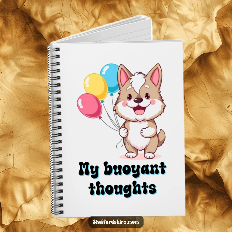 Funny Staffordshire notebook featuring a dog grinning with a bouquet of balloons, perfect for jotting down happy thoughts.