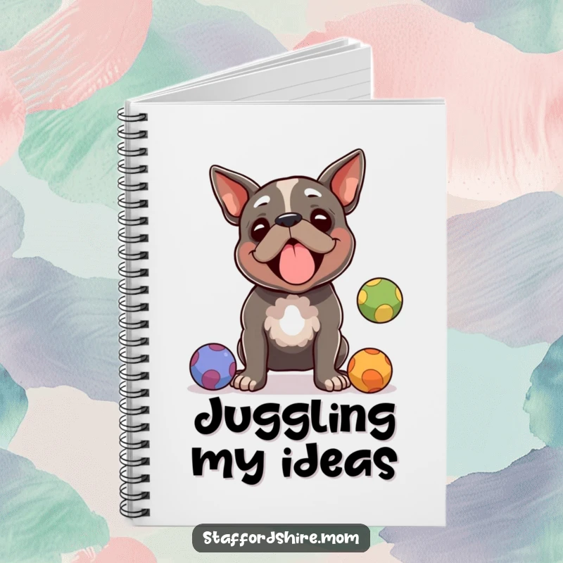 Funny Staffordshire terrier notebook, a dog juggling balls with amused focus, perfect for writing and as a funny gift.