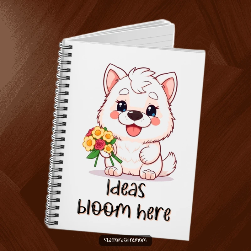 Funny notebook with a kawaii Staffordshire dog smiling and offering a bouquet of flowers, designed for jotting down notes and creative ideas.