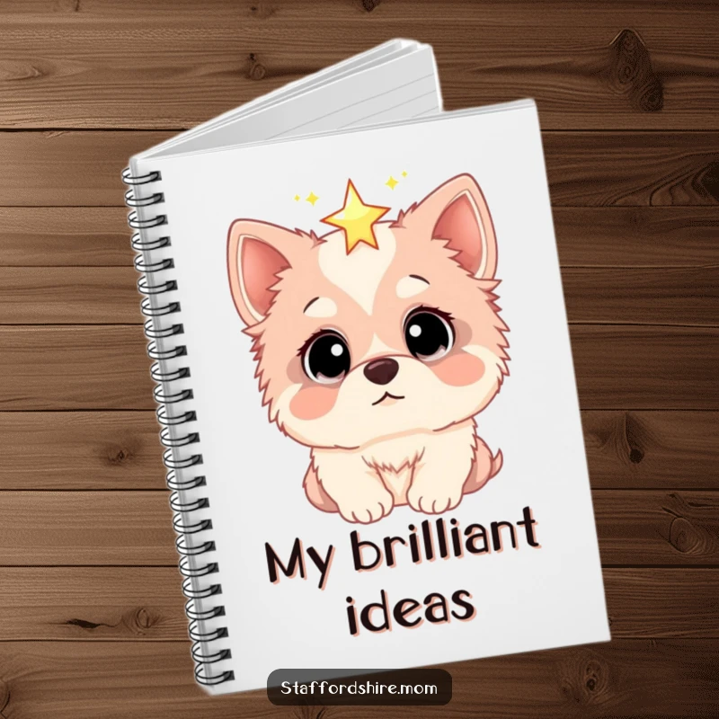 Funny notebook with a Staffordshire dog's wide eyes focused on a sparkling star, perfect for journaling dreams and ideas.