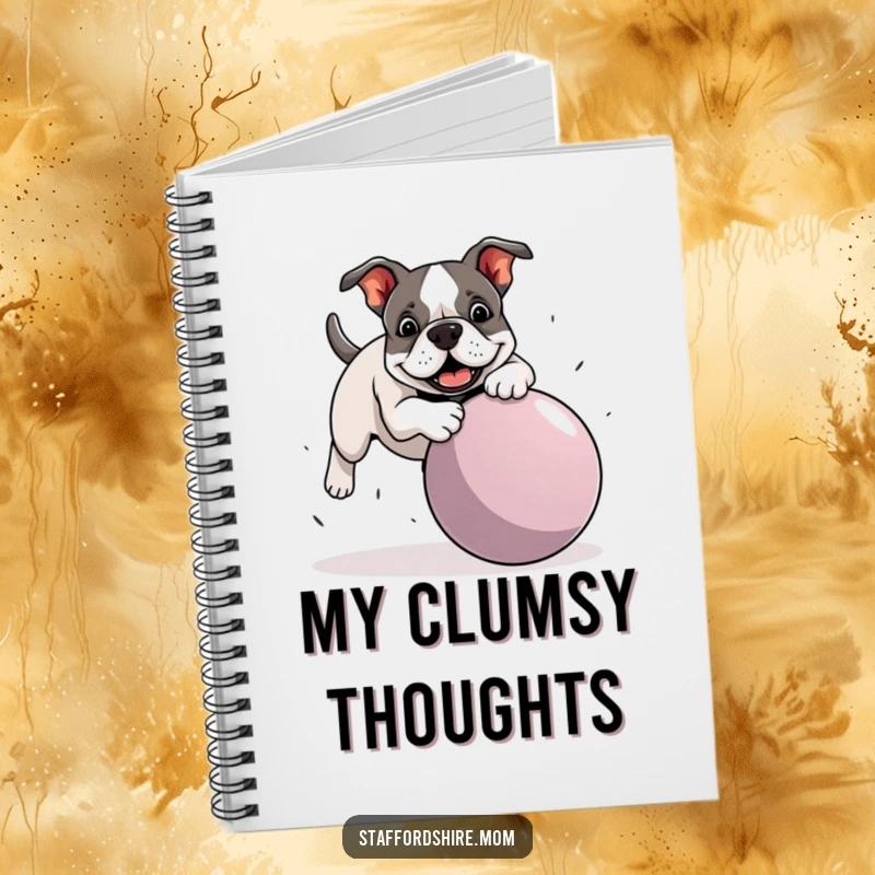 Funny Staffordshire Bull Terrier notebook showing a dog comically tripping over a large ball, perfect for jotting down ideas with humor.