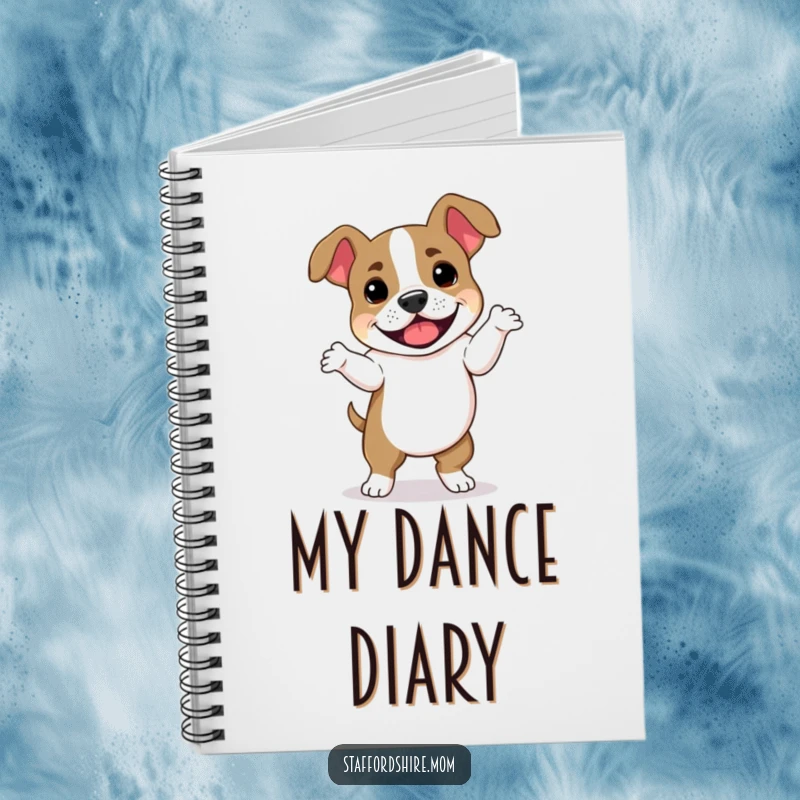 Funny Staffordshire Bull Terrier notebook with a cover featuring a dog joyfully dancing, perfect for jotting down notes with a comical flair.