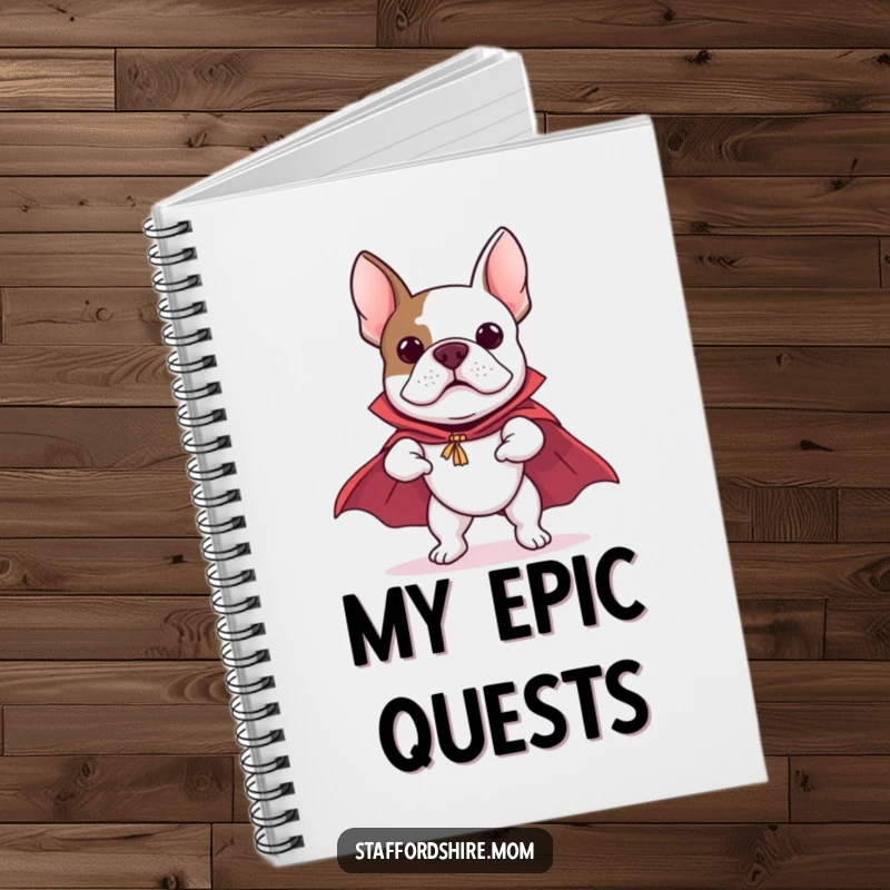 Funny Staffordshire Bull Terrier notebook with a cover featuring a dog in a cape, comically pretending to fly, for jotting down ideas heroically.