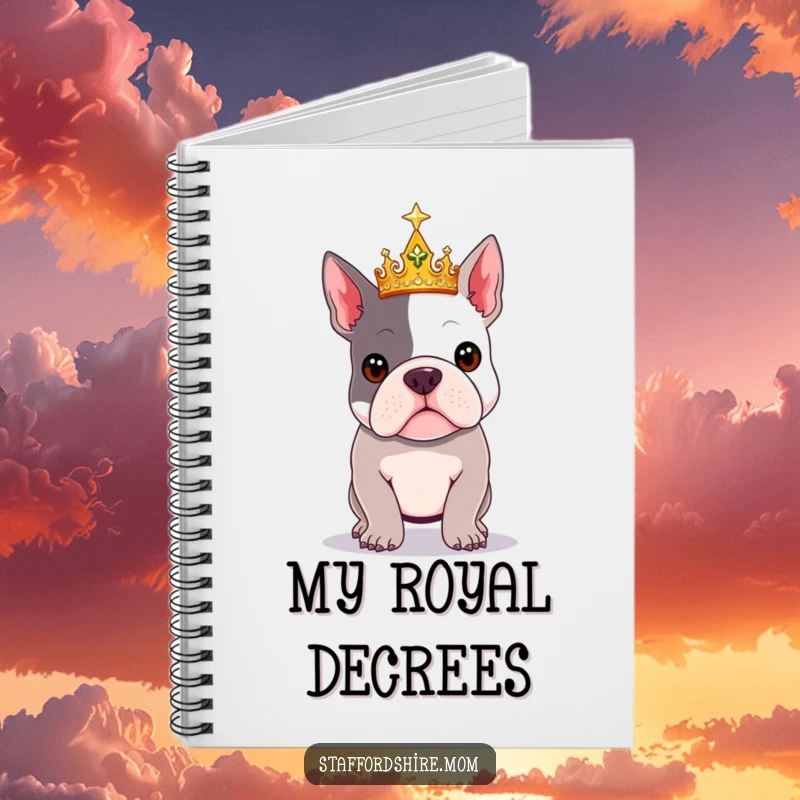 Funny Royal Staffy notebook featuring a Staffordshire Bull Terrier wearing a sparkly crown.