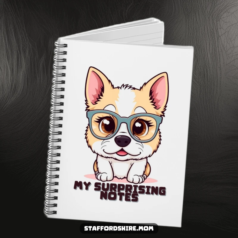 Funny Kawaii Staffordshire dog notebook with a surprised pup in oversized glasses. Ideal for journaling, a cute and funny gift.