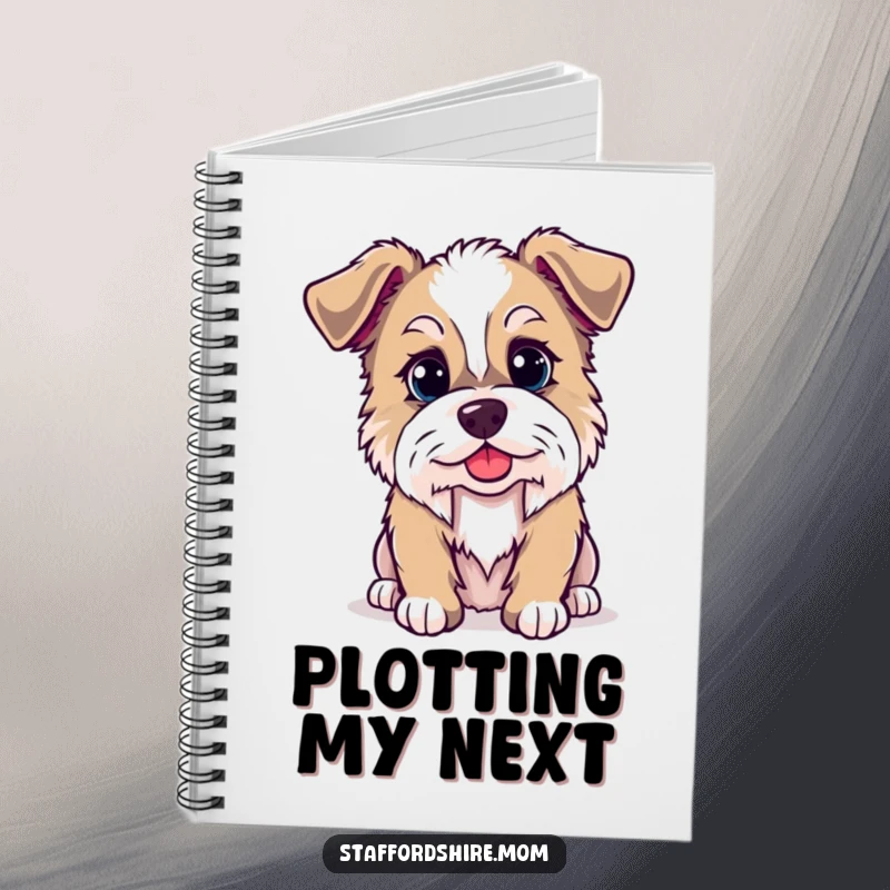 Funny Kawaii Staffordshire dog notebook, great for writing and drawing, featuring a dog with a mischievous twinkle, perfect for school or work.