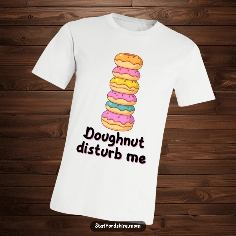 Funny Staffordshire t-shirt, a dog balances a tower of donuts, representing sweet cravings and delightful absurdity.