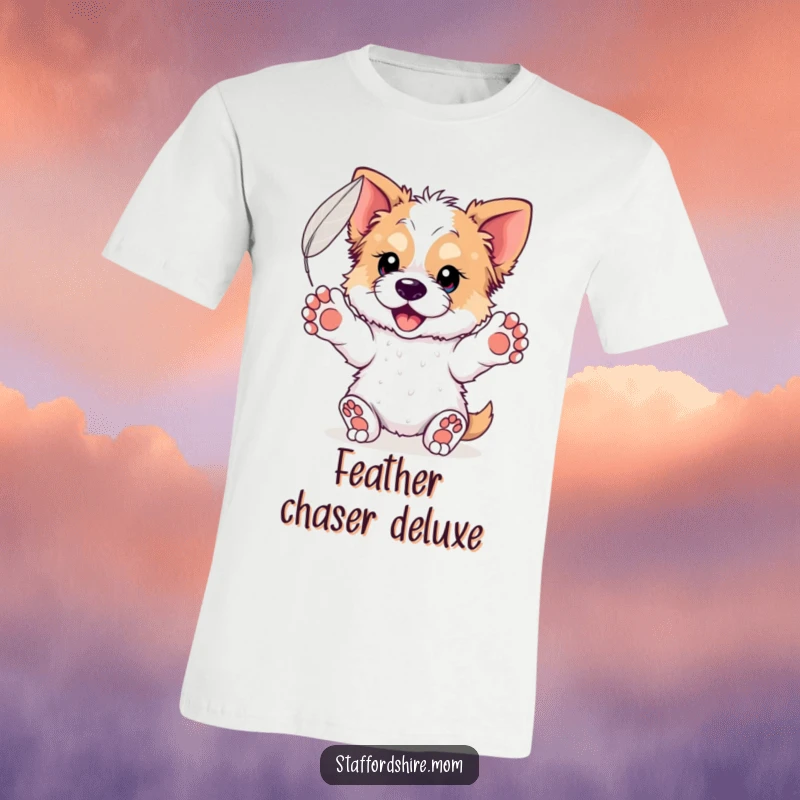 Funny Staffordshire Feather T-Shirt: Features a dog with paws outstretched delicately catching a light, floating feather.
