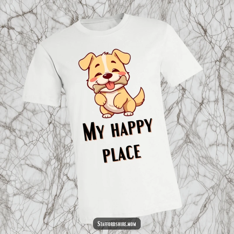 Funny t-shirt with a broad-chested dog joyfully wiggling its body, a prized bone clamped in its happy mouth.