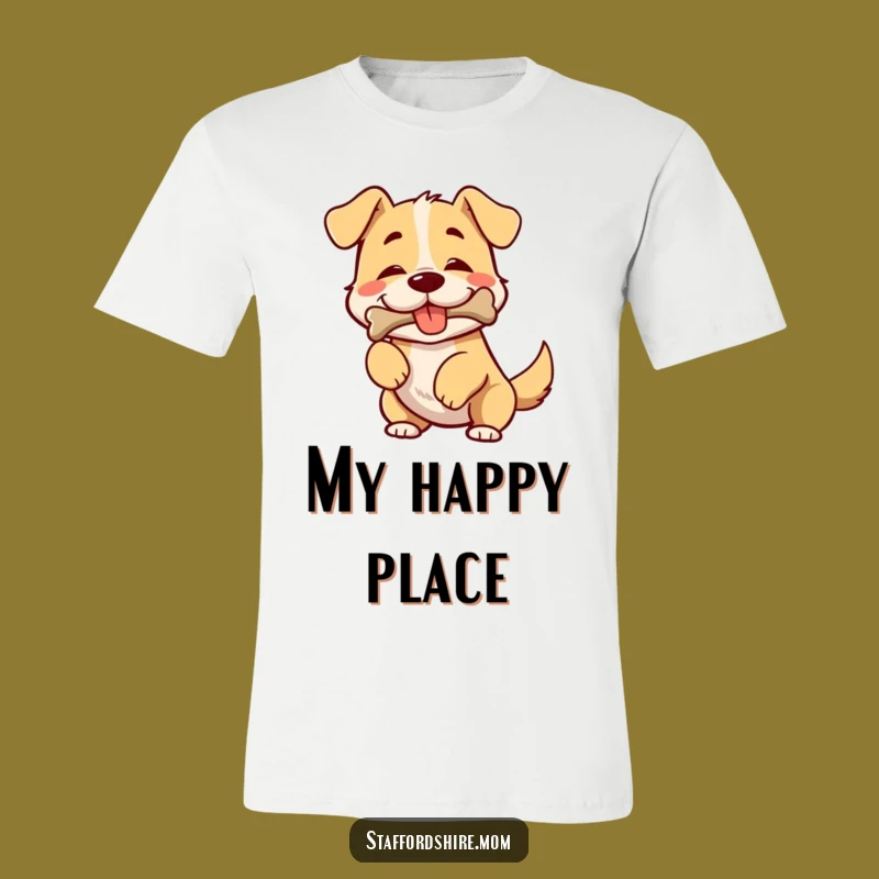 Funny Dog T-Shirt: Broad-chested, joyfully wiggling pup holding a bone, hilarious gift.