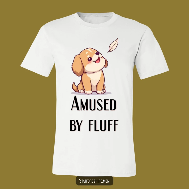 Funny Dog T-Shirt: Solid build dog amused by feather, wear your wonder, great gift.