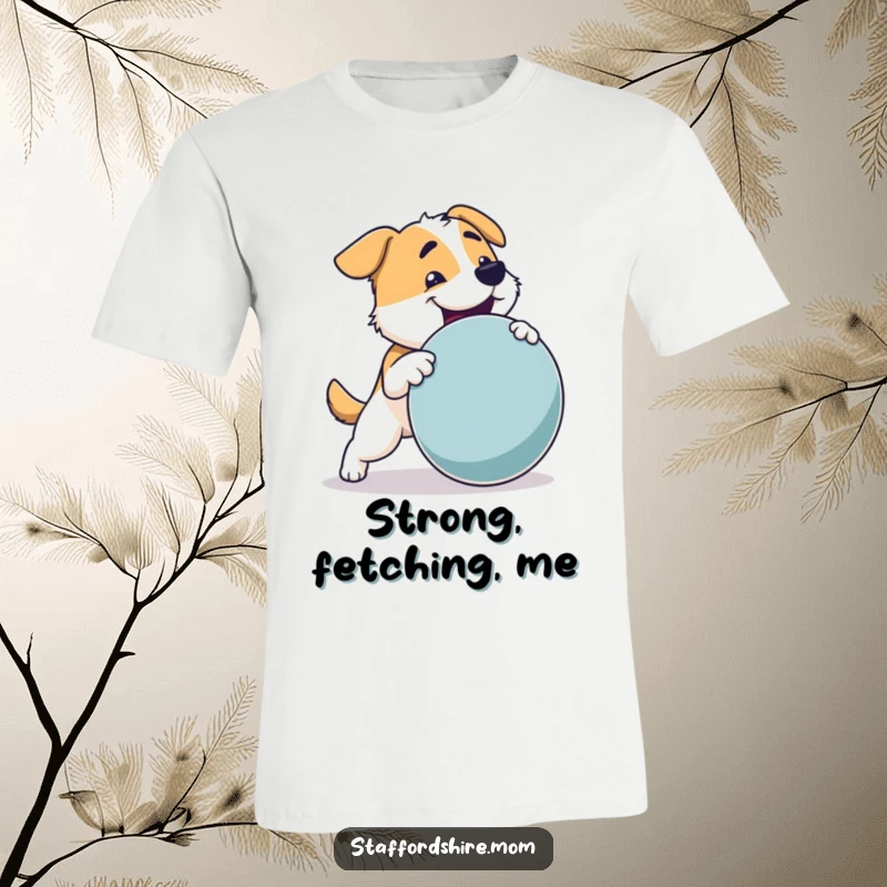 Funny Dog T-Shirt: A robust dog with a solid build joyfully fetching a large, round toy, showcasing determination.