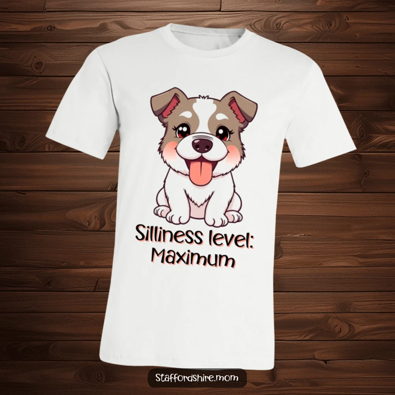 Funny Kawaii Staffordshire Dog T-Shirt depicting a cute dog with a silly, happy expression and panting tongue out, expressing pure joy.