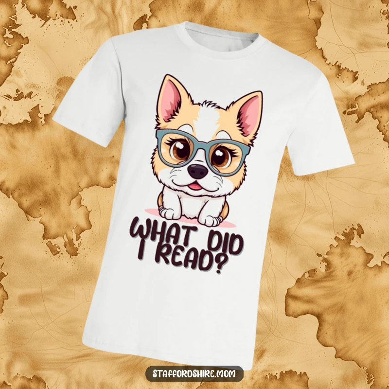 Funny Kawaii Staffordshire dog t-shirt with a surprised pup wearing oversized glasses. High-quality print for a wonderfully humorous and funny gift.