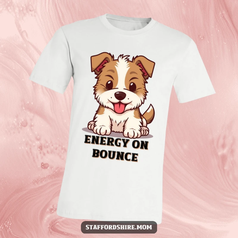 Funny Kawaii Staffordshire dog t-shirt depicting an energetic pup whose head is constantly bouncing with excitement and enthusiasm.