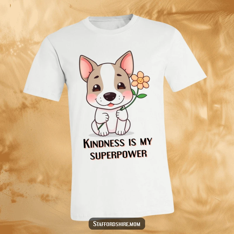Funny, kawaii Staffordshire terrier holding out a flower with a soft, gentle smile, radiating kindness on this t-shirt.