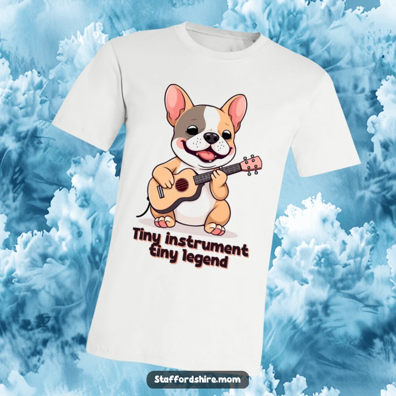 Funny Staffordshire Bull Terrier t-shirt of a dog passionately playing a tiny instrument, ready for a rock concert.