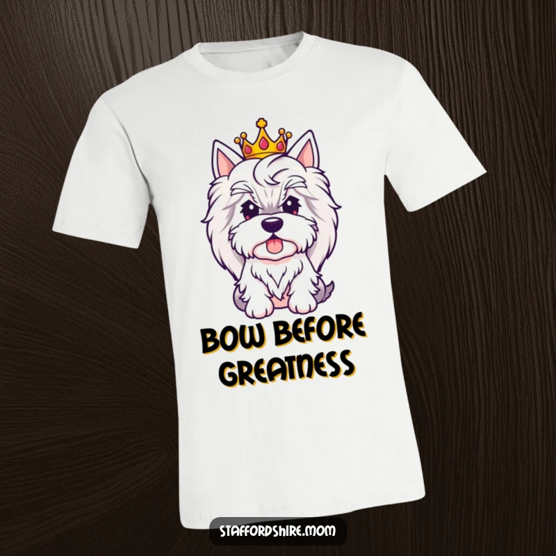 Funny Royal Staffy t-shirt showing a cute Staffordshire Bull Terrier wearing a crown, exuding regal charm.