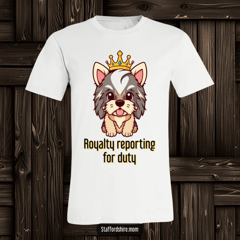 Funny Staffordshire t-shirt with a dog wearing a crown, beaming with pride and exuding royalty.