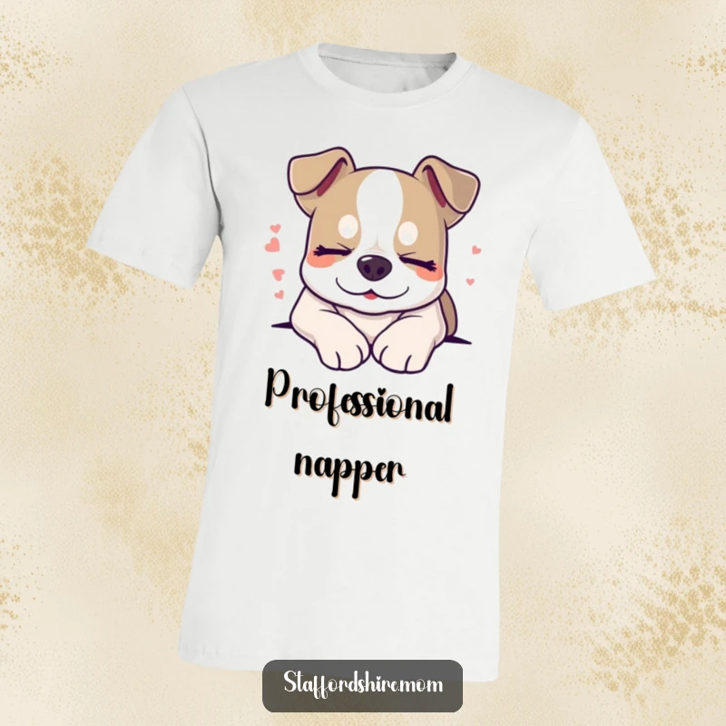Funny sleepy Staffordshire dog t-shirt, smiling with closed eyes, depicting peaceful dreams, cozy graphic.