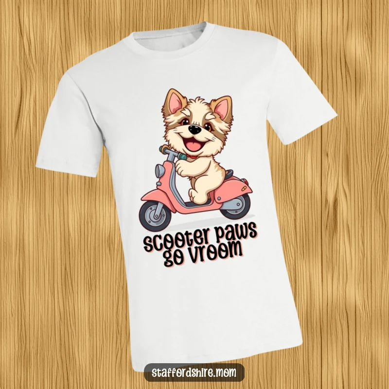 Funny Staffordshire t-shirt, giggling dog, large paws, riding scooter, humorous pet clothing, great funny gift.