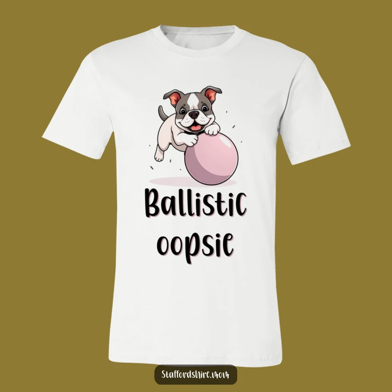 Funny Staffy Ball Trip T-Shirt - Bull Terrier Playful Mishap Tee Gift