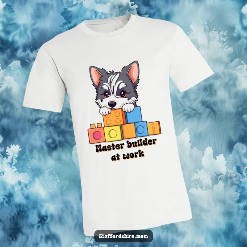 Funny Staffordshire t-shirt with a dog peeking over blocks, showcasing playtime and a dog's cheerful nature.