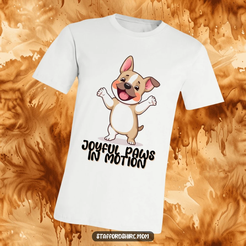 Funny Staffordshire terrier t-shirt, a dog happily doing a jig with paws up, great funny gift for dog lovers.