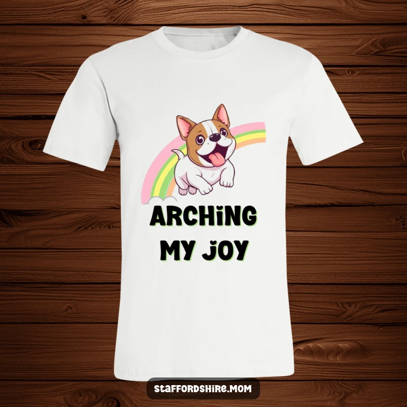 Funny Staffordshire bull terrier t-shirt featuring a dog sliding down a colorful rainbow with an ecstatic look of pure joy.