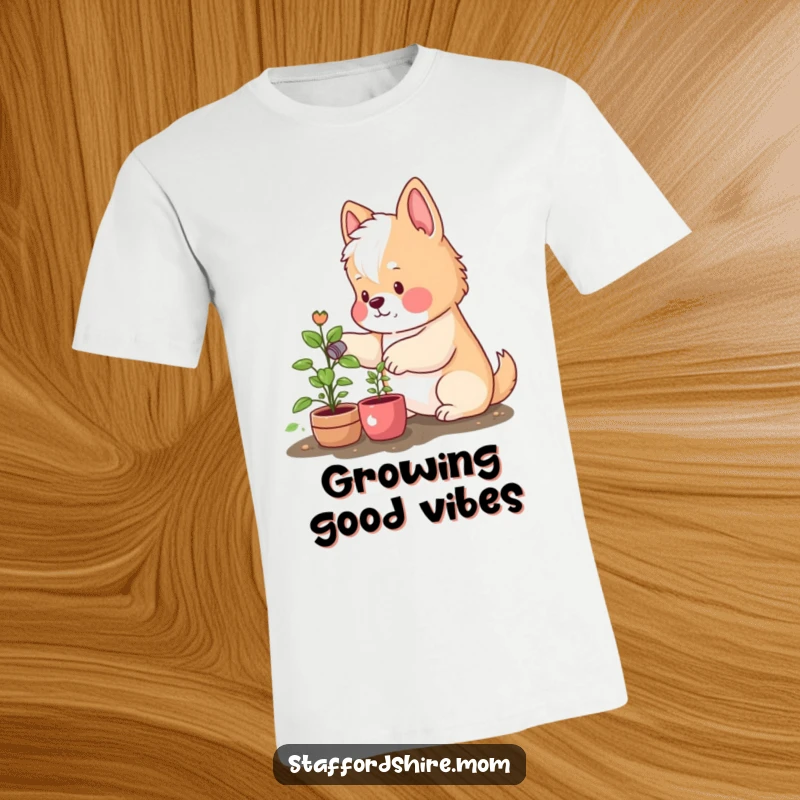 Funny t-shirt depicting a happy Staffordshire dog with rosy cheeks, carefully watering a small plant, perfect for gardeners and dog lovers.