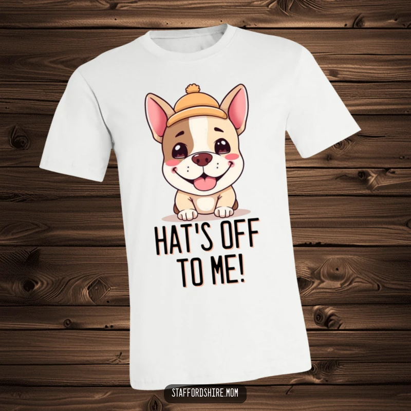 Funny Kawaii Staffordshire terrier t-shirt, an adorable dog with a silly grin and a tiny hat, great funny gift.