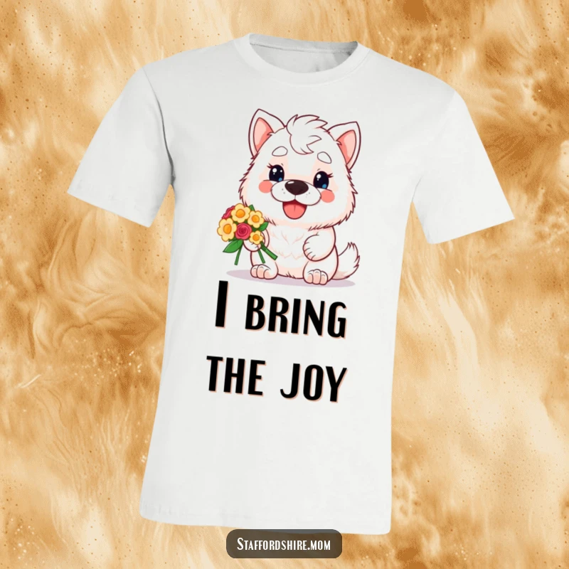 Funny t-shirt with a kawaii Staffordshire dog smiling widely, offering a beautiful bouquet of flowers, spreading cheer and warmth with its cute design.