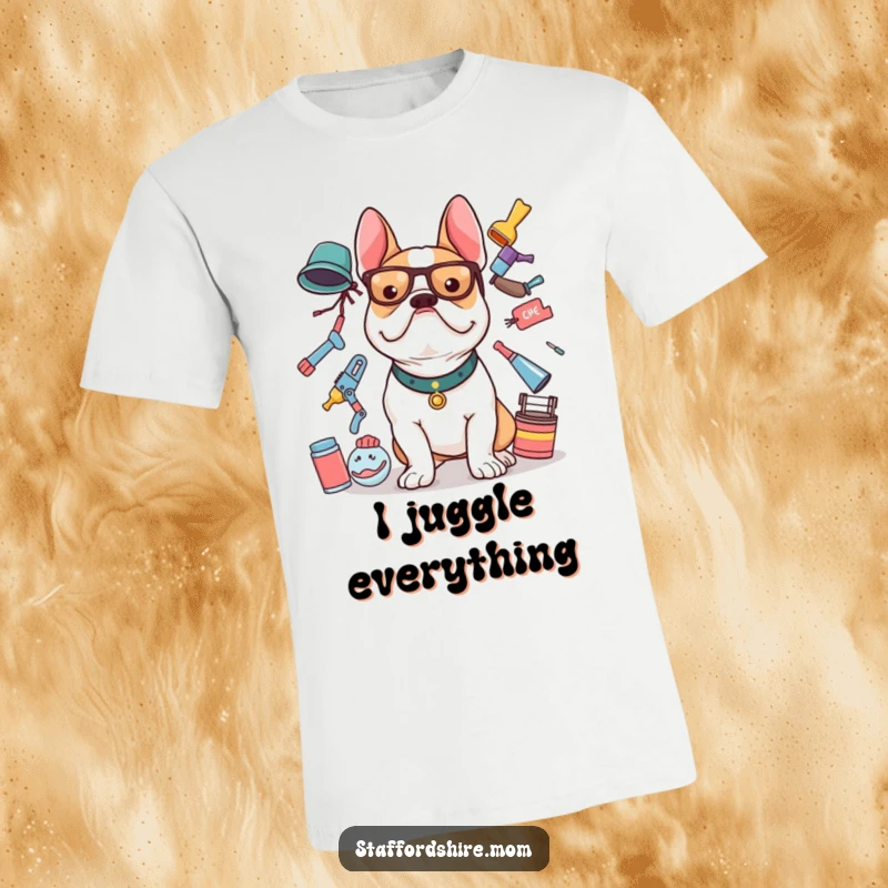 Funny Staffy t-shirt featuring a Staffordshire Bull Terrier attempting to balance an absurd amount of items.