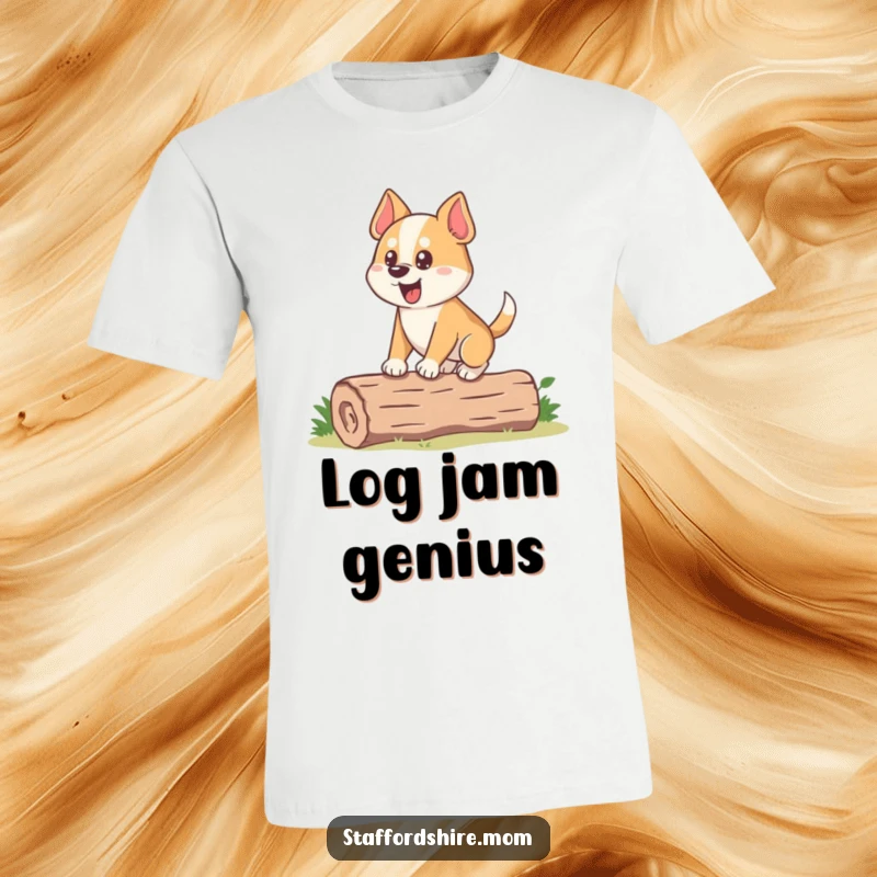 Funny Dog T-Shirt: A stocky dog with an eager face concentrates intensely on balancing atop a small log, a comical sight.