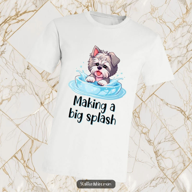 Funny Staffordshire t-shirt, a dog splashes playfully in a sparkly pool, symbolizing effervescent joy and carefree relaxation.